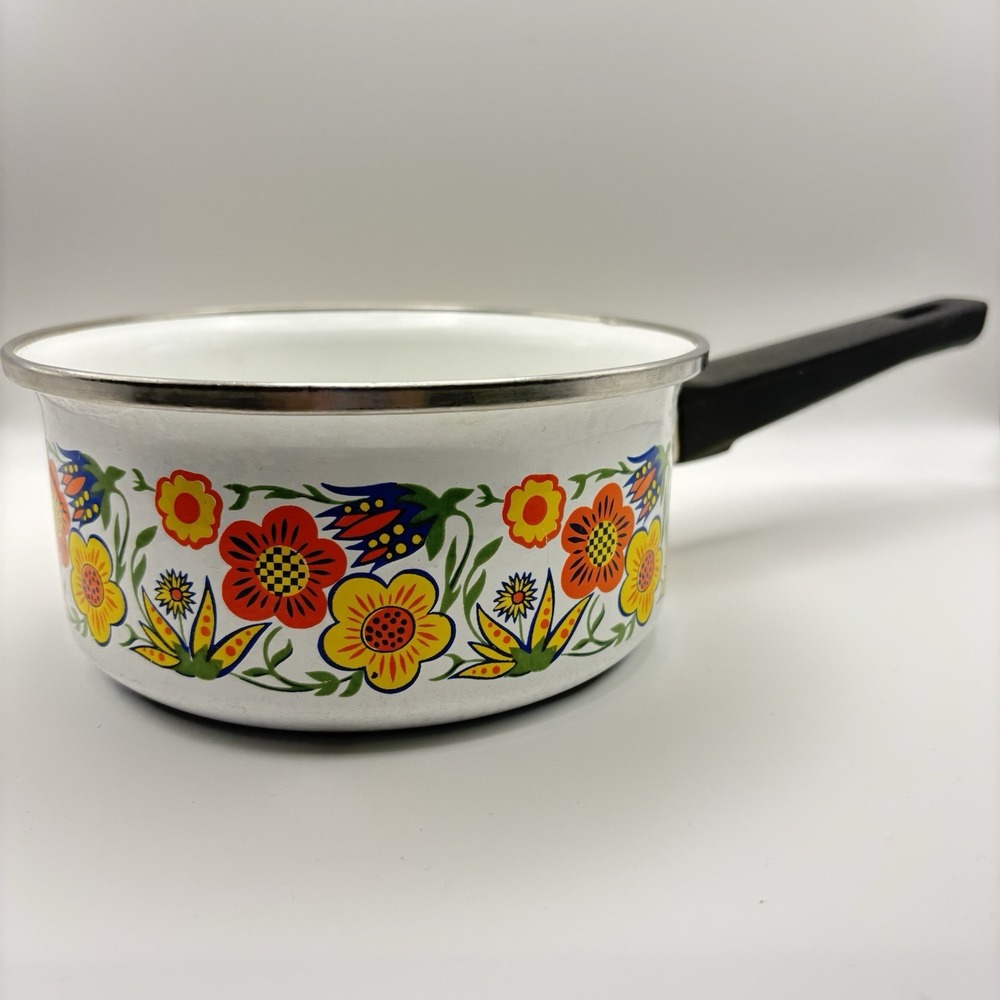 Vintage‎ 1970's Enamel 9" Flower-Power Saucepan Groovy Retro Excellent Condition